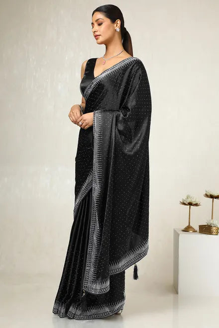 Black Satin Stone Embellished Saree