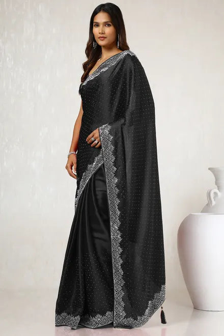 Black Satin Stone Embellished Saree