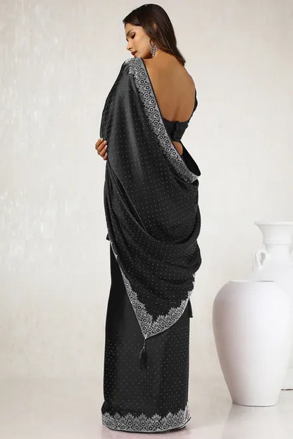 Black Satin Stone Embellished Saree