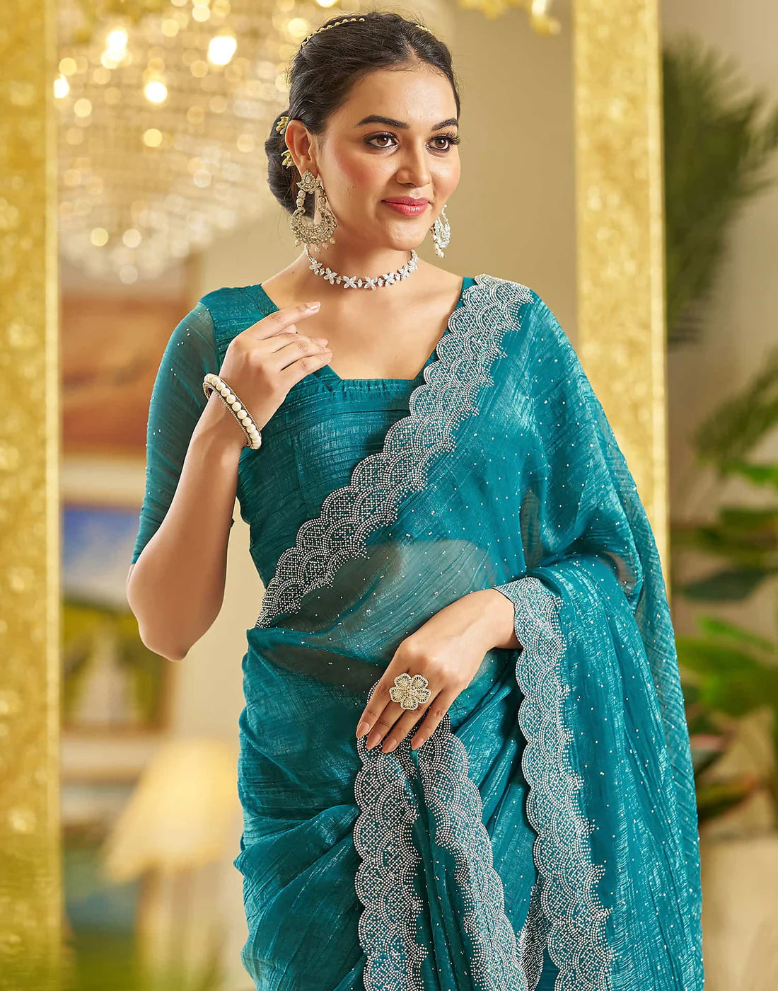 Light Green Shimmer Stone Work Saree