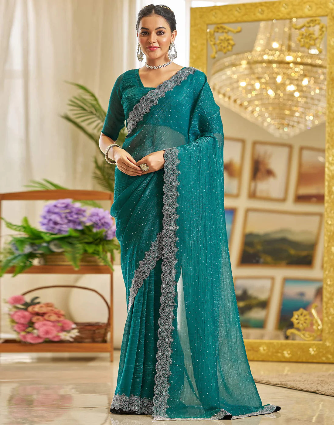 Light Green Shimmer Stone Work Saree