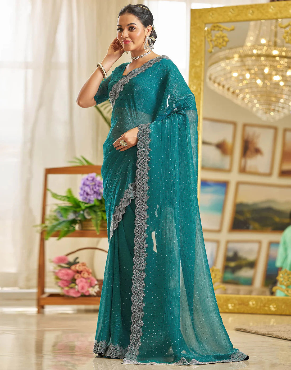 Light Green Shimmer Stone Work Saree