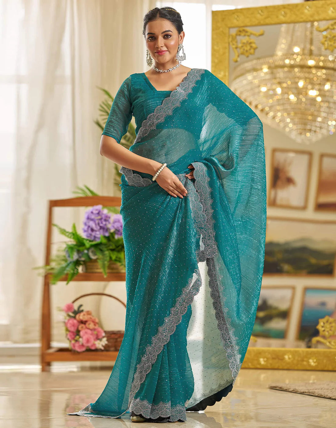 Light Green Shimmer Stone Work Saree