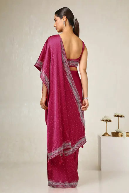Fuchsia Satin Embellished Saree With Stone Work