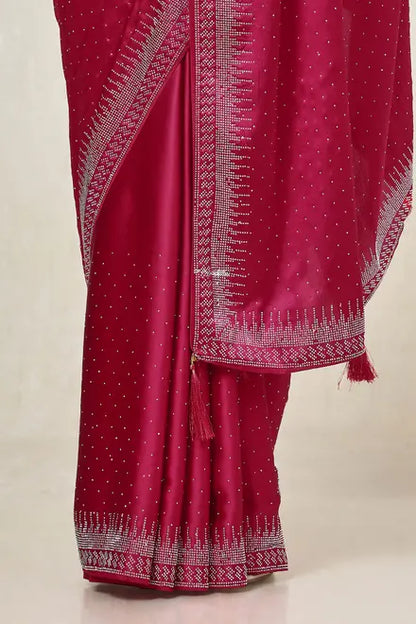 Fuchsia Satin Embellished Saree With Stone Work