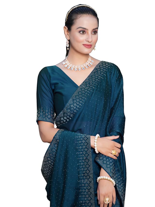 SIRIL Women's Georgette Hot Fixing Stone Work Saree with Unstitched Blouse Piece