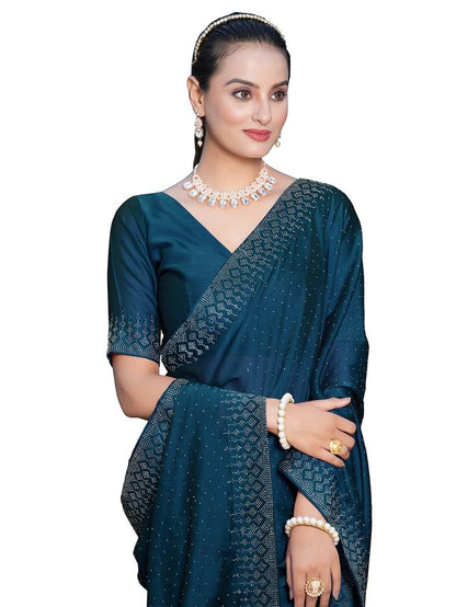 SIRIL Women's Georgette Hot Fixing Stone Work Saree with Unstitched Blouse Piece