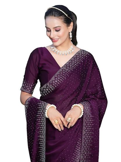 SIRIL Women's Georgette Hot Fixing Stone Work Saree with Unstitched Blouse Piece