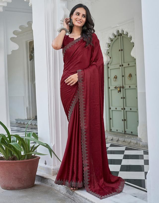 AKHILAM Women's Satin Silk Hot Fix Solid Saree With Unstitched Blouse Piece