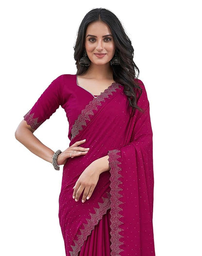 AKHILAM Women's Satin Silk Hot Fix Solid Saree With Unstitched Blouse Piece