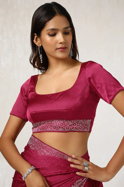 Magenta Satin Saree With Stone Work