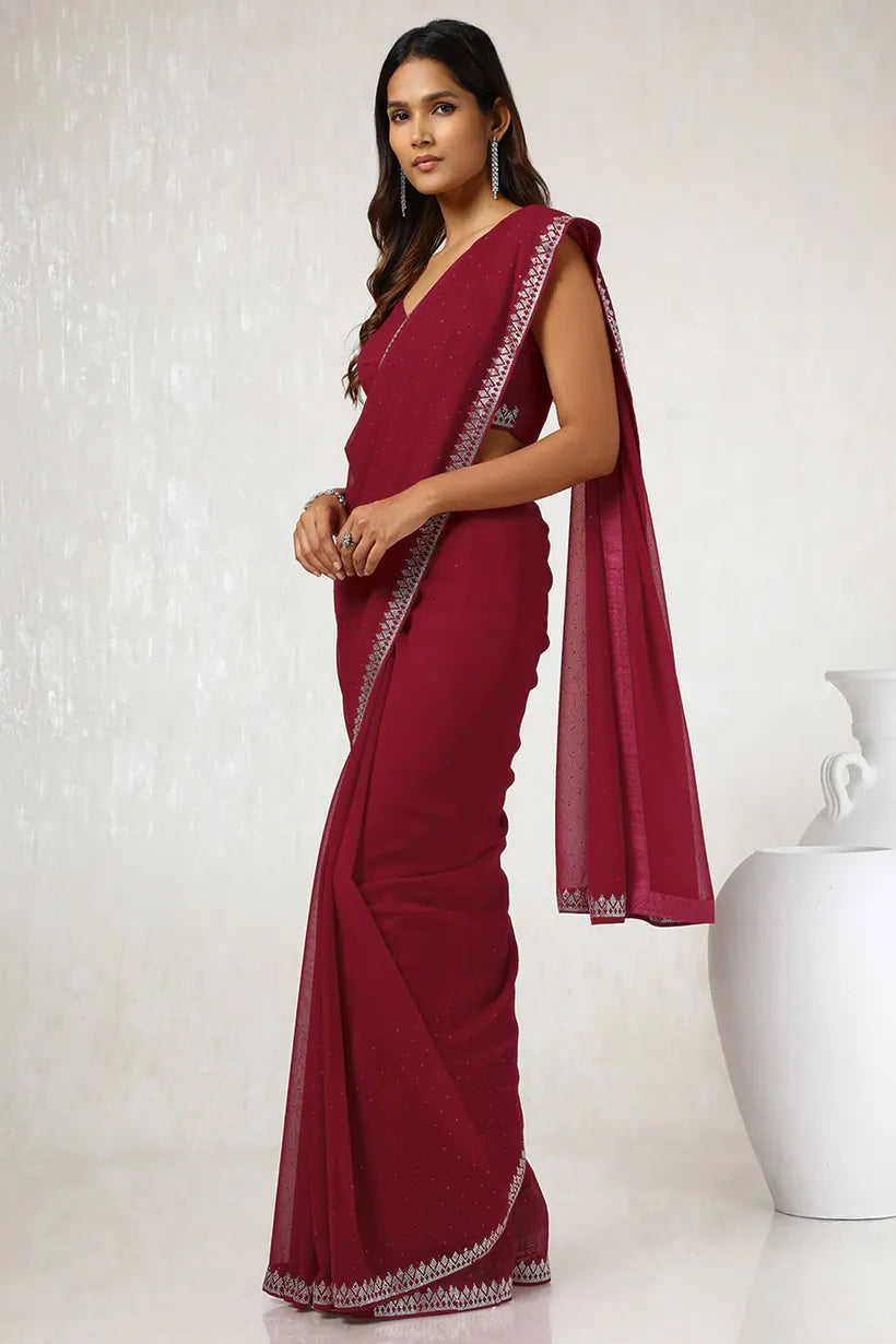 Red Georgette Stone Embellished Saree