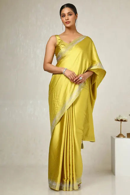 Mustard Satin Embellished Saree With Stone Work