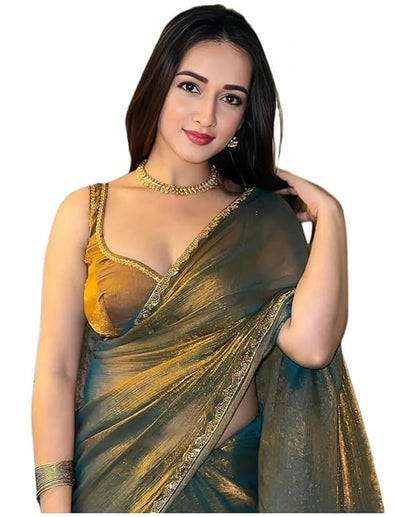 Gold trendy soft fabric saree with lace border sirojaki diamond