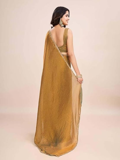 Gold trendy soft fabric saree with lace border sirojaki diamond