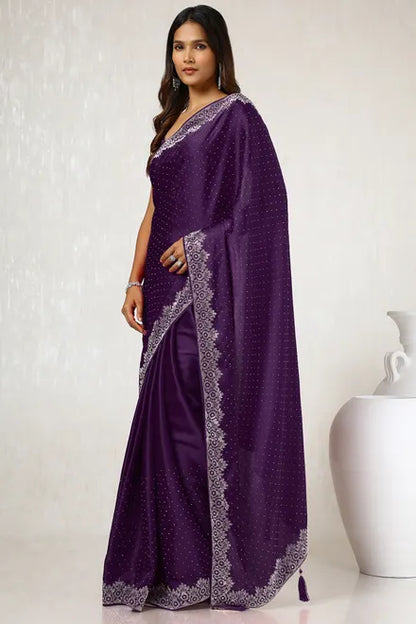 Purple Satin Stone Embellished Saree