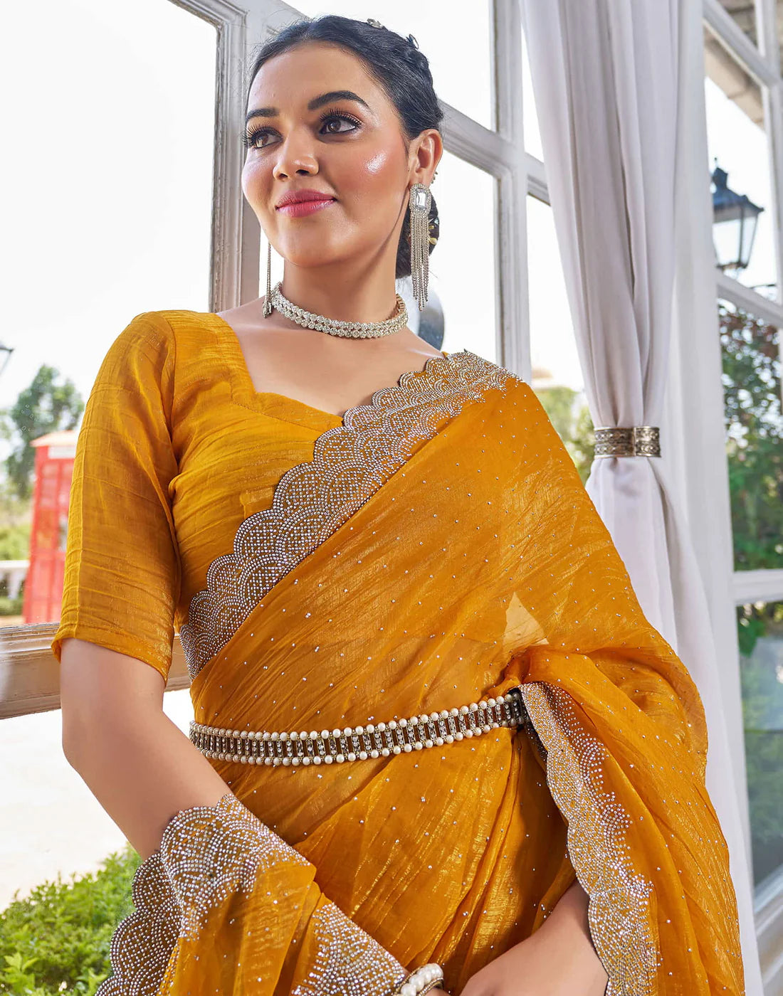 Turmeric Yellow Shimmer Stone Work Saree