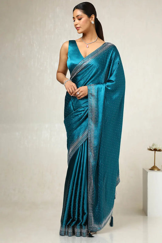 Teal Satin Embellished Saree With Stone Work