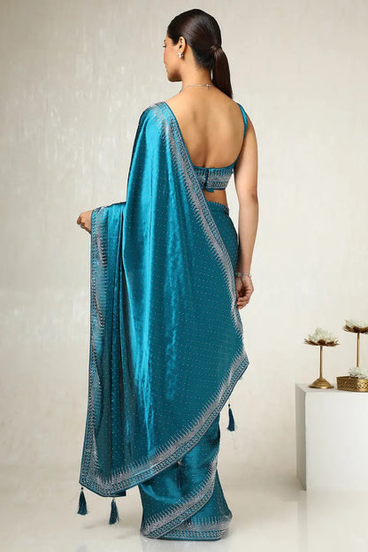 Teal Satin Embellished Saree With Stone Work