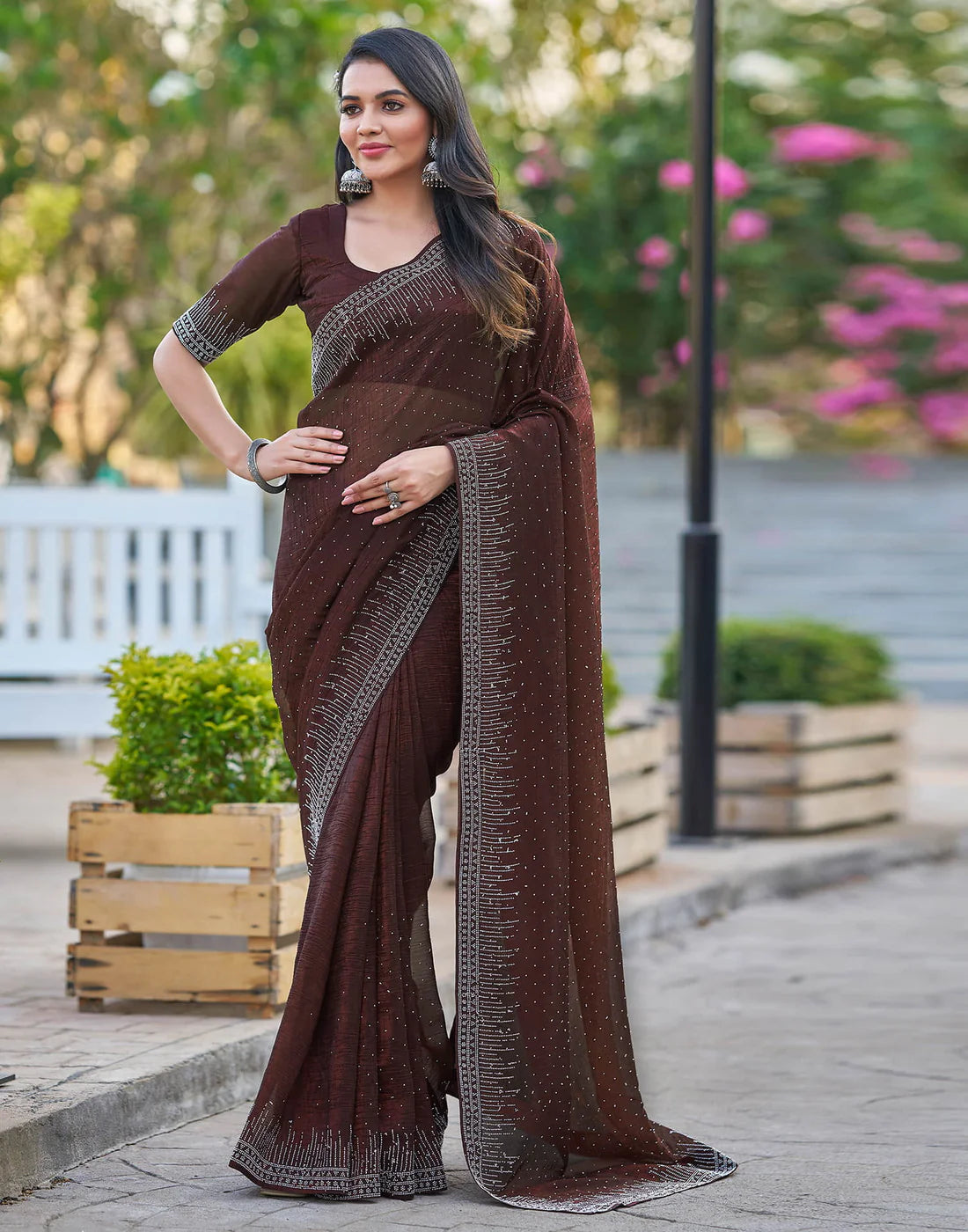 Dark Maroon Shimmer Stone Work Saree