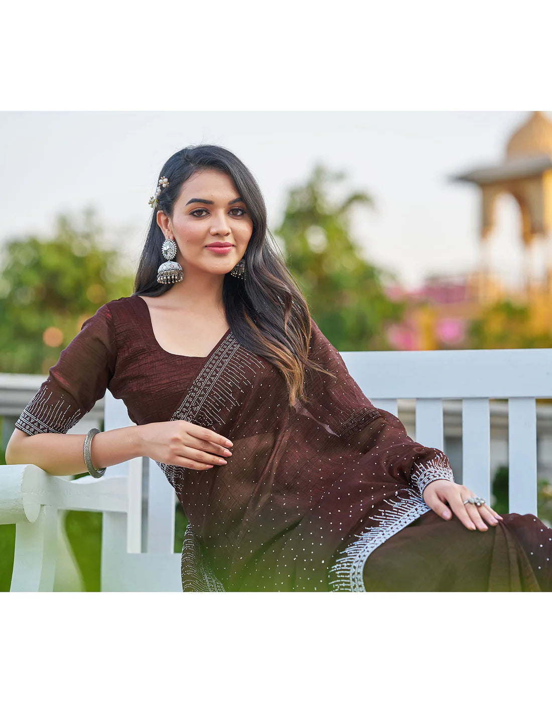 Dark Maroon Shimmer Stone Work Saree