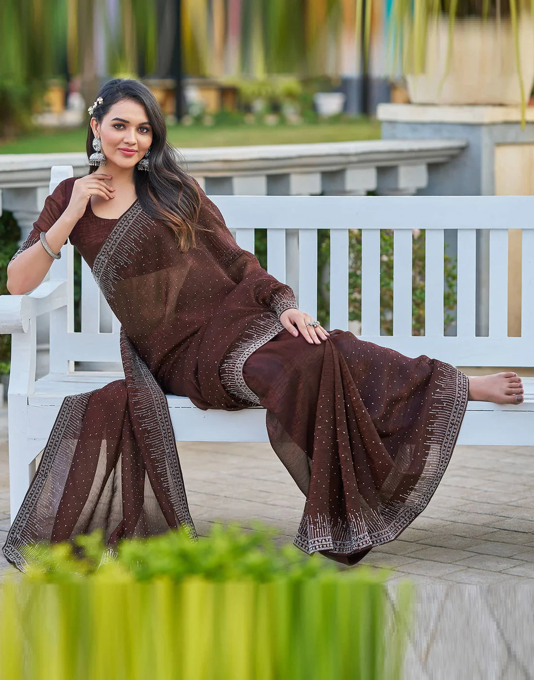 Dark Maroon Shimmer Stone Work Saree