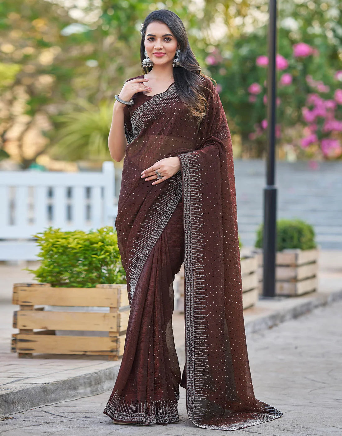 Dark Maroon Shimmer Stone Work Saree
