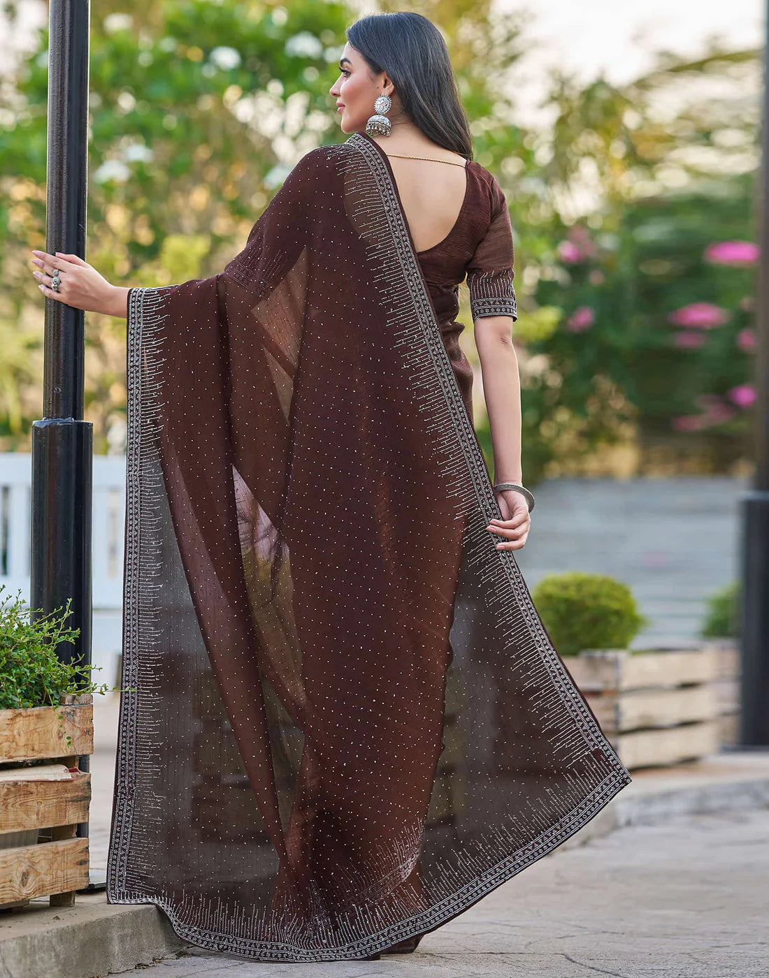 Dark Maroon Shimmer Stone Work Saree