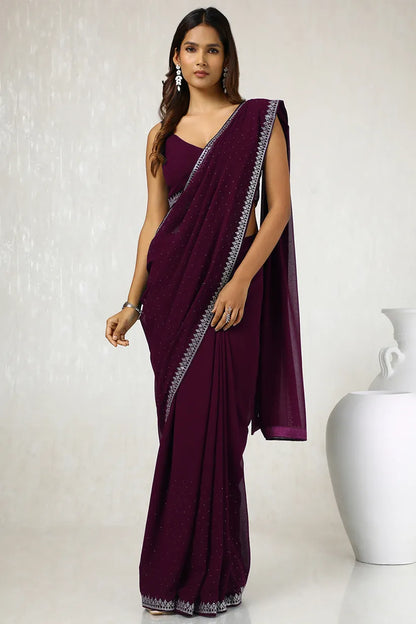Wine  Georgette Stone Embellished Saree