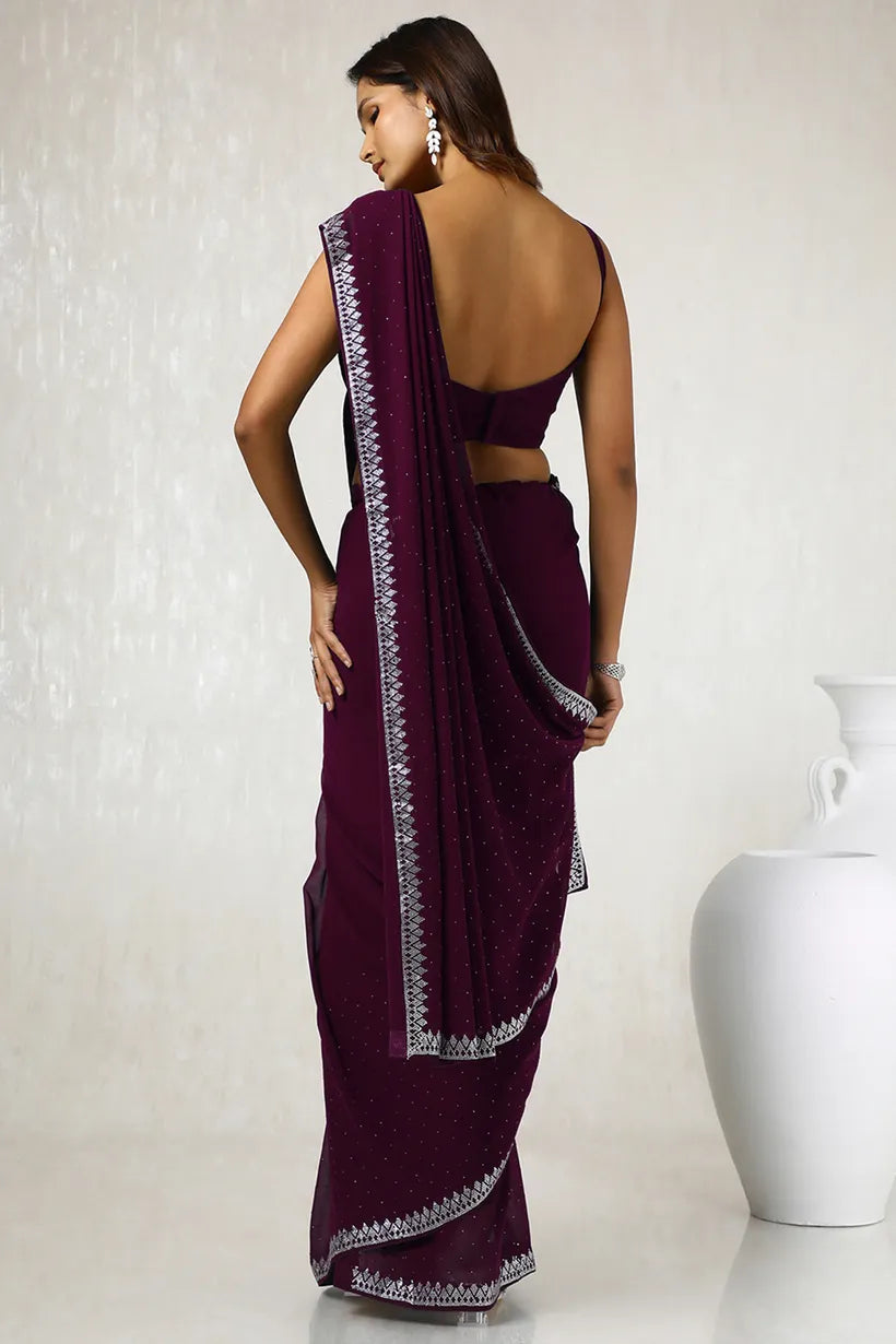 Wine  Georgette Stone Embellished Saree