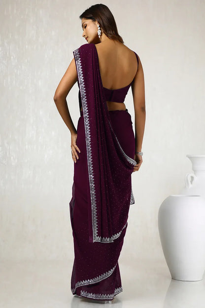 Wine  Georgette Stone Embellished Saree