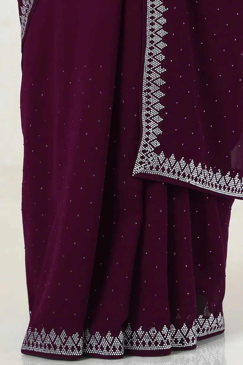 Wine  Georgette Stone Embellished Saree